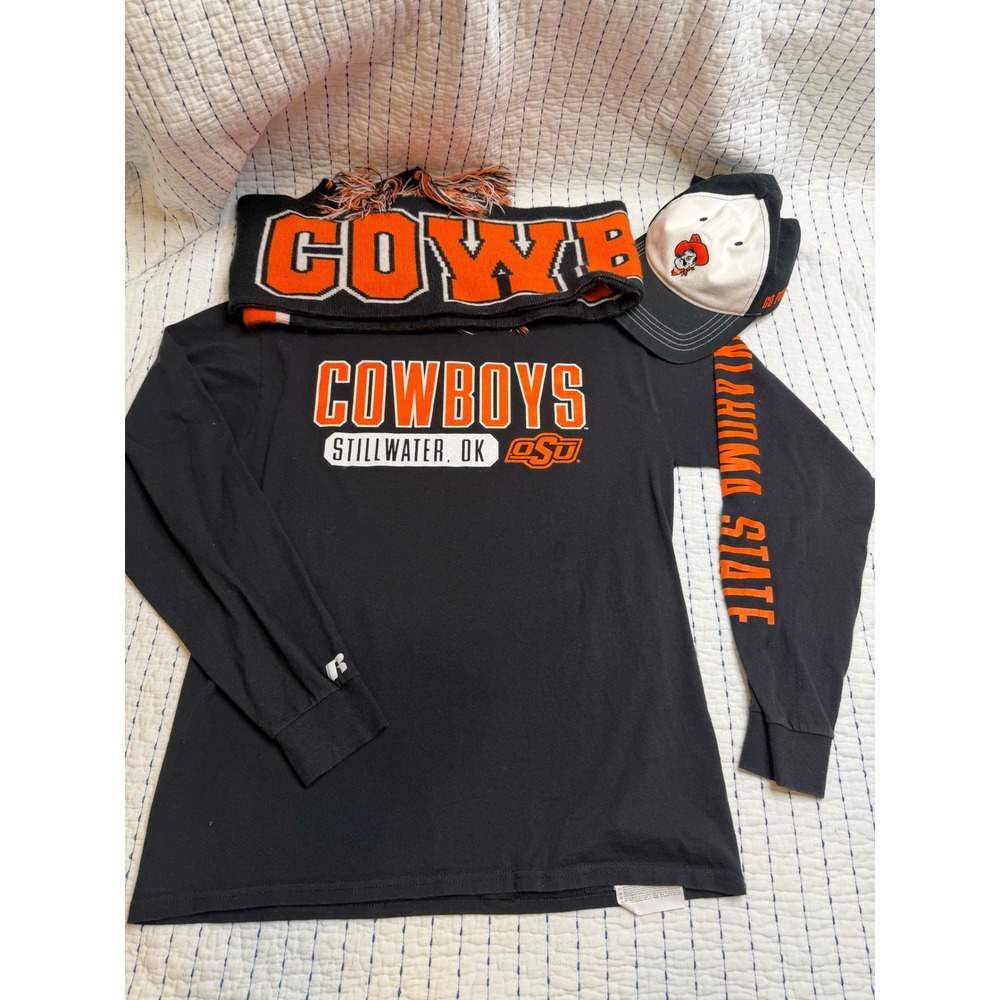 Oklahoma State Cowboys Bundle Russell Long Sleeve Shirt, Scarf, Hat OSU Pokes M